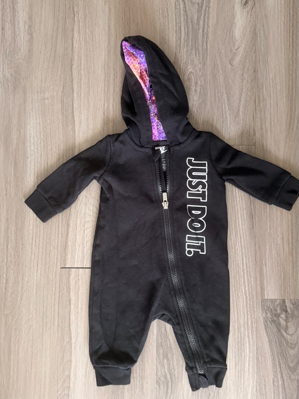 Nike Black Baby Zip Hoodie Romper with Purple Hood Lining
